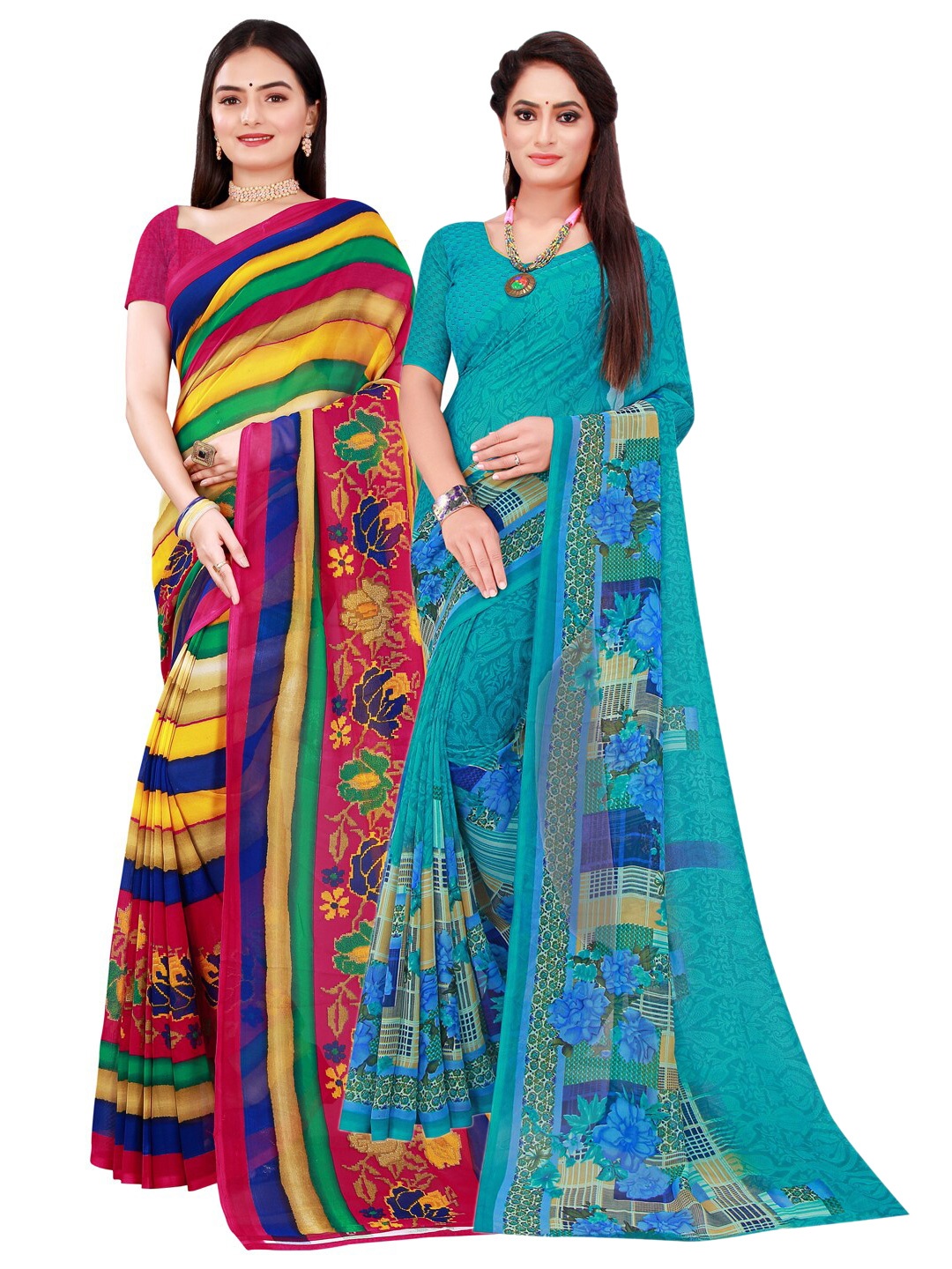 

SAADHVI Pack Of 2 Multicoloured Floral Pure Georgette Saree, Multi