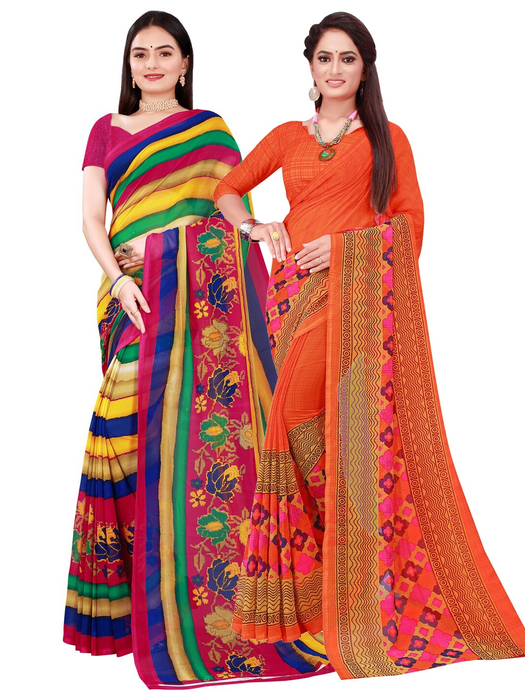 

SAADHVI Set Of 2 Orange & Yellow Floral Pure Georgette Saree