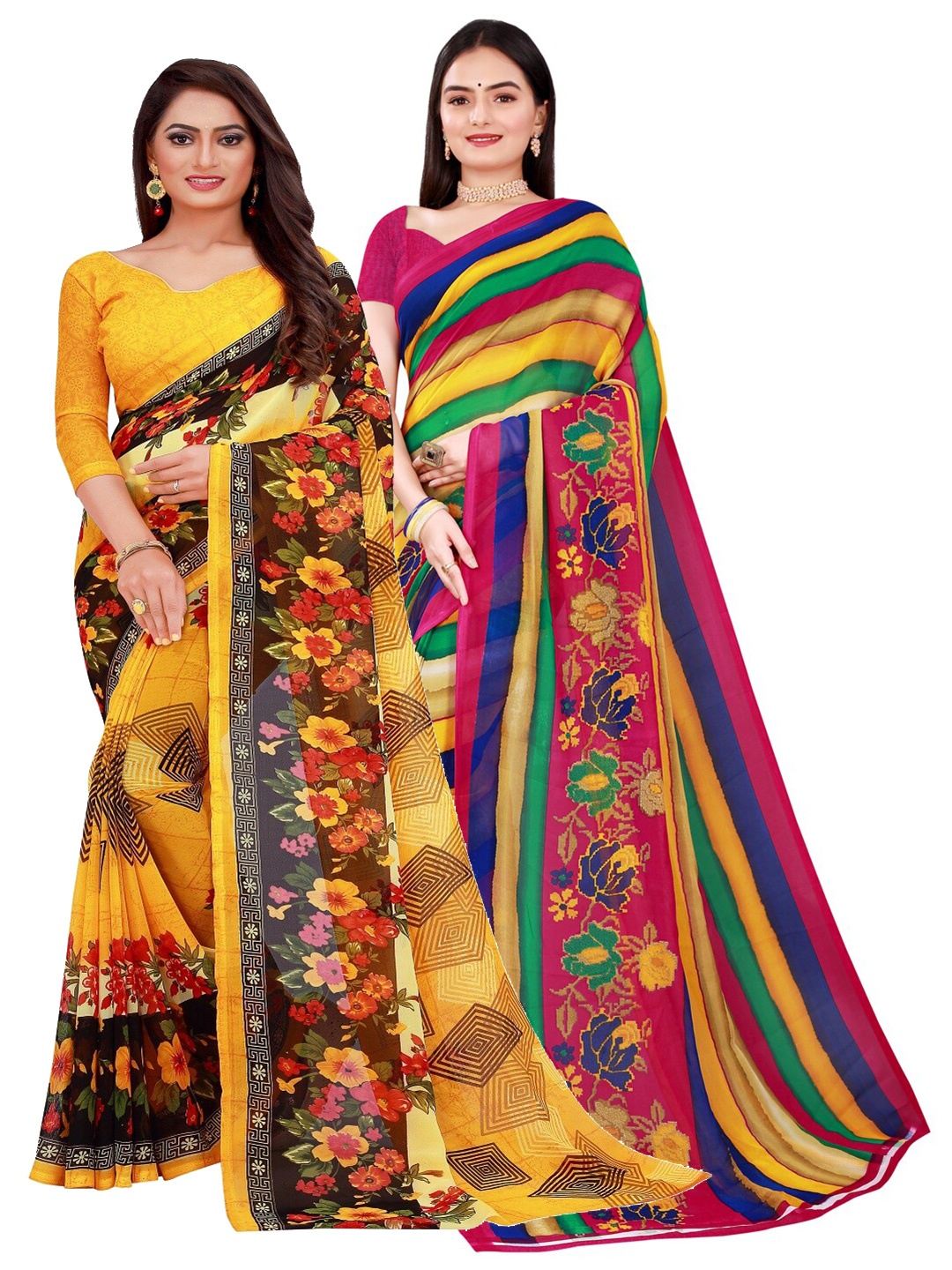 

SAADHVI Yellow & Blue Pure Georgette Saree