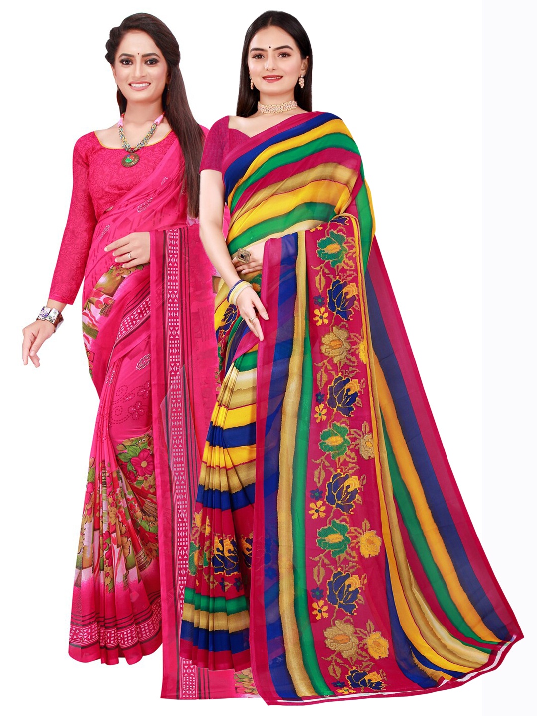 

SAADHVI Magenta & Yellow Pure Georgette Saree