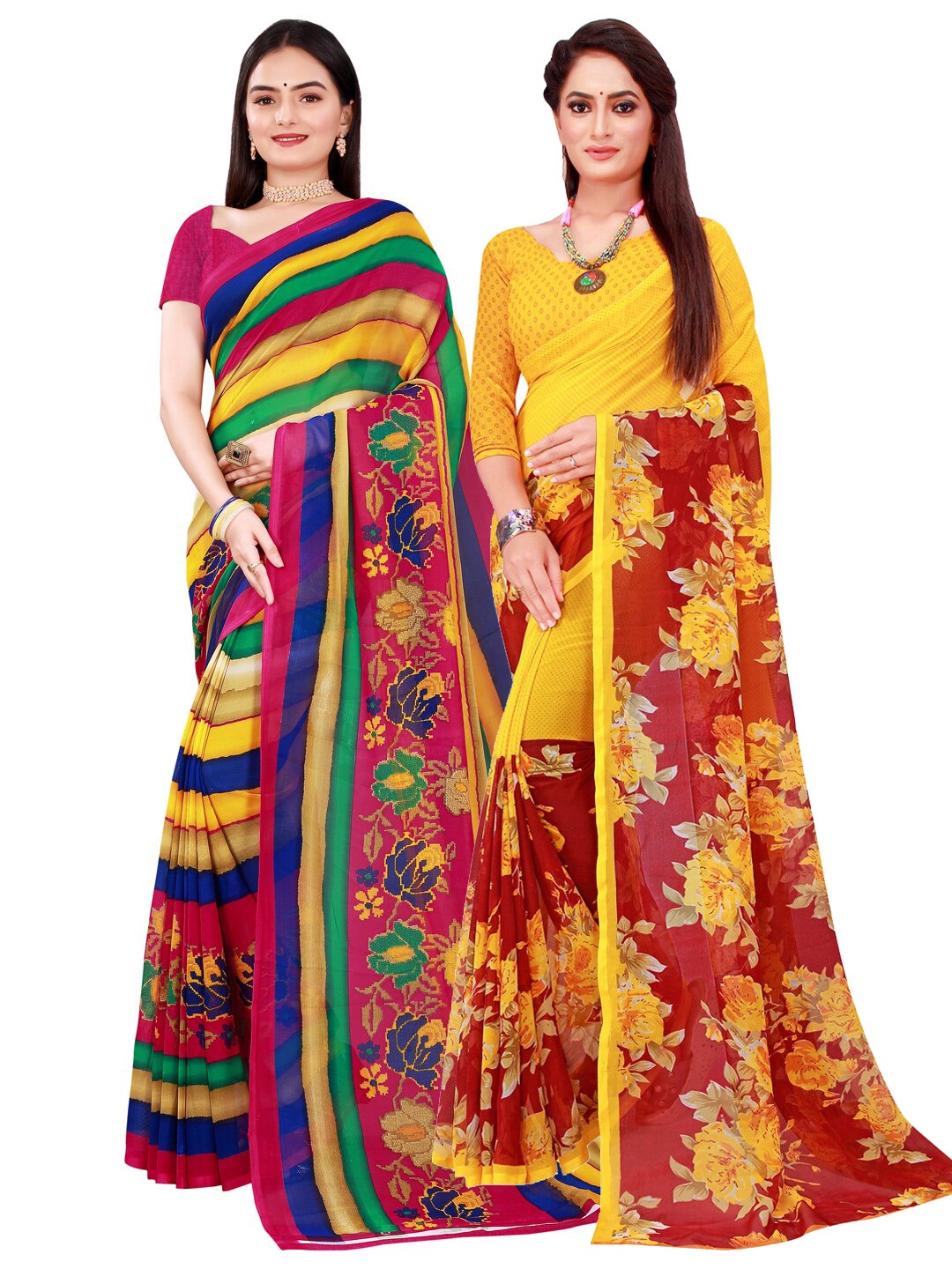 

SAADHVI Yellow & Red Pure Georgette Saree