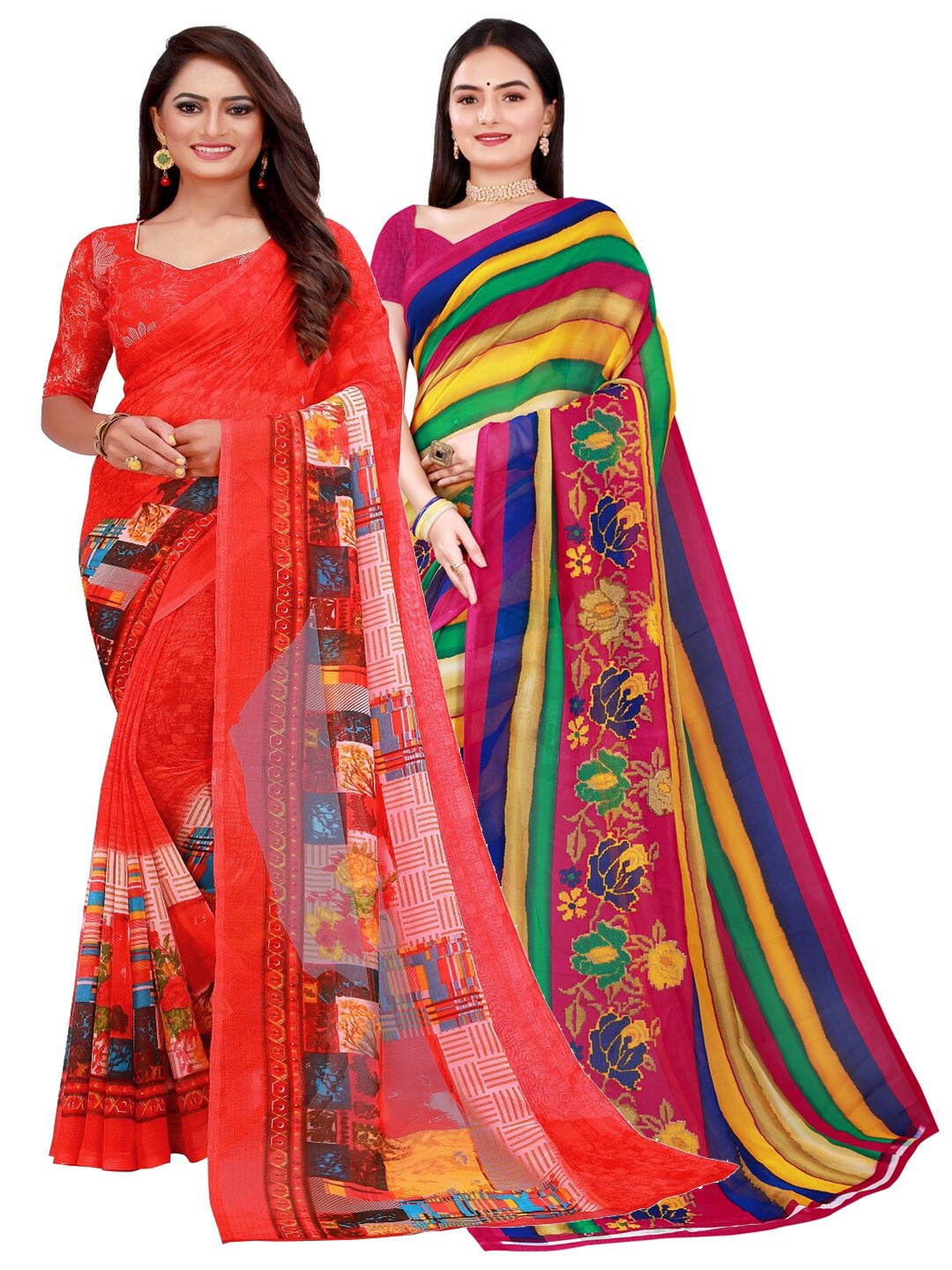 

SAADHVI Red & Yellow Pure Georgette Saree