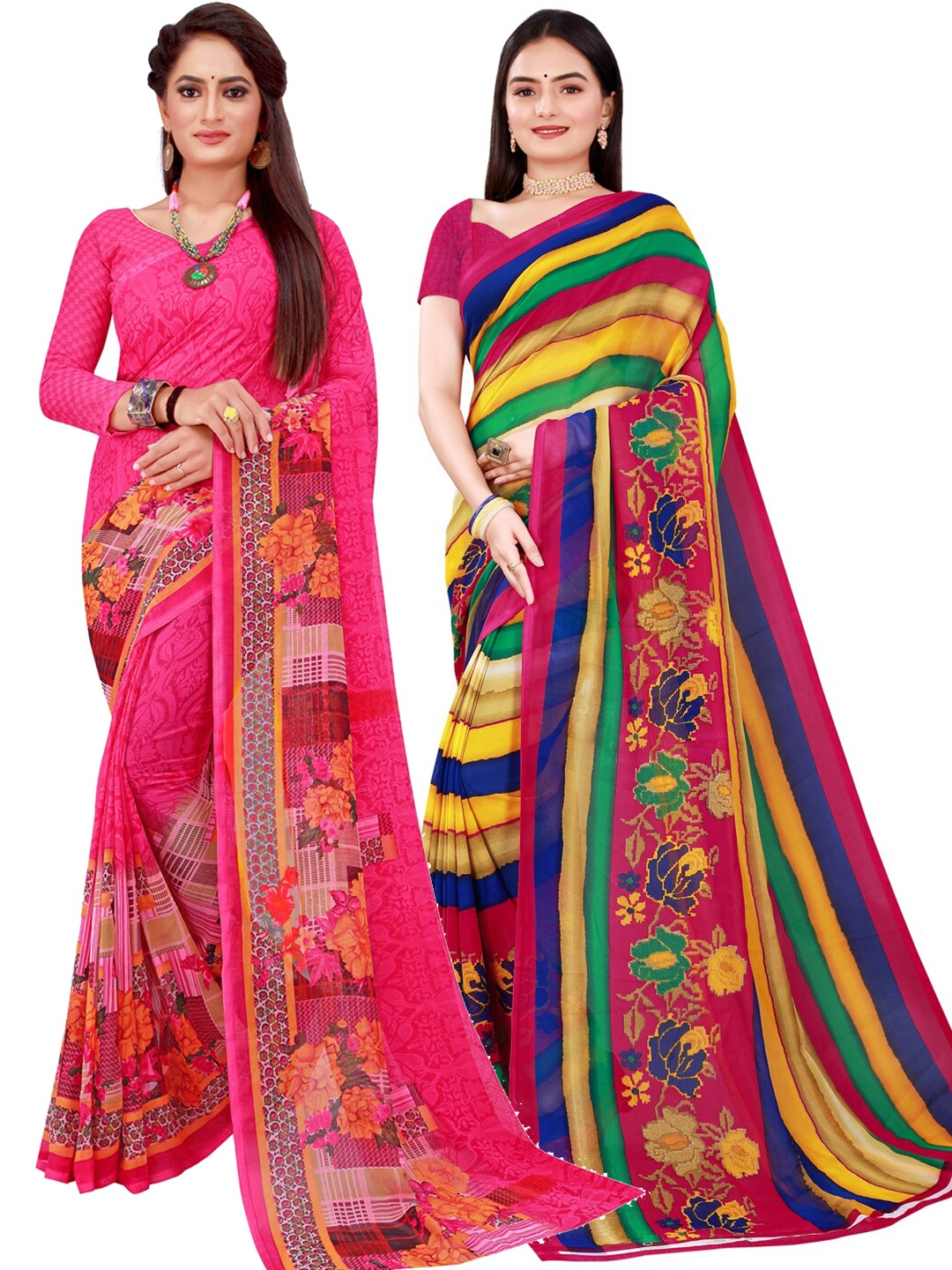 

SAADHVI Set Of 2 Magenta & Yellow Floral Pure Georgette Saree