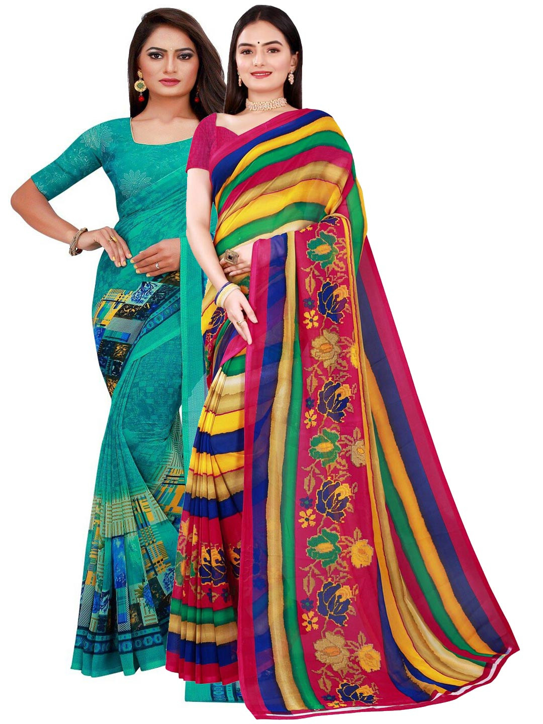 

SAADHVI Turquoise Blue & Yellow Pure Georgette Saree