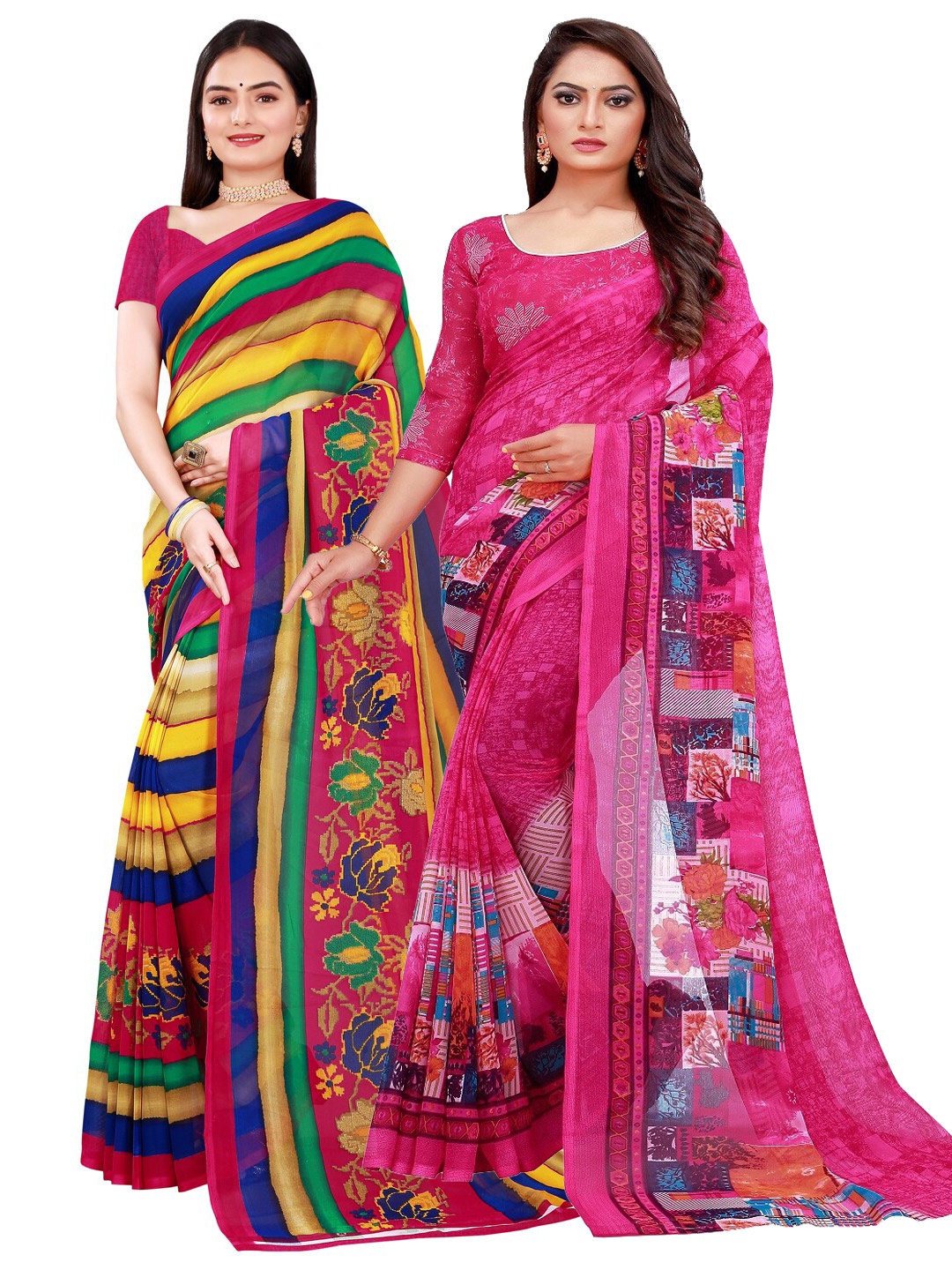 

SAADHVI Magenta & Yellow Pure Georgette Saree