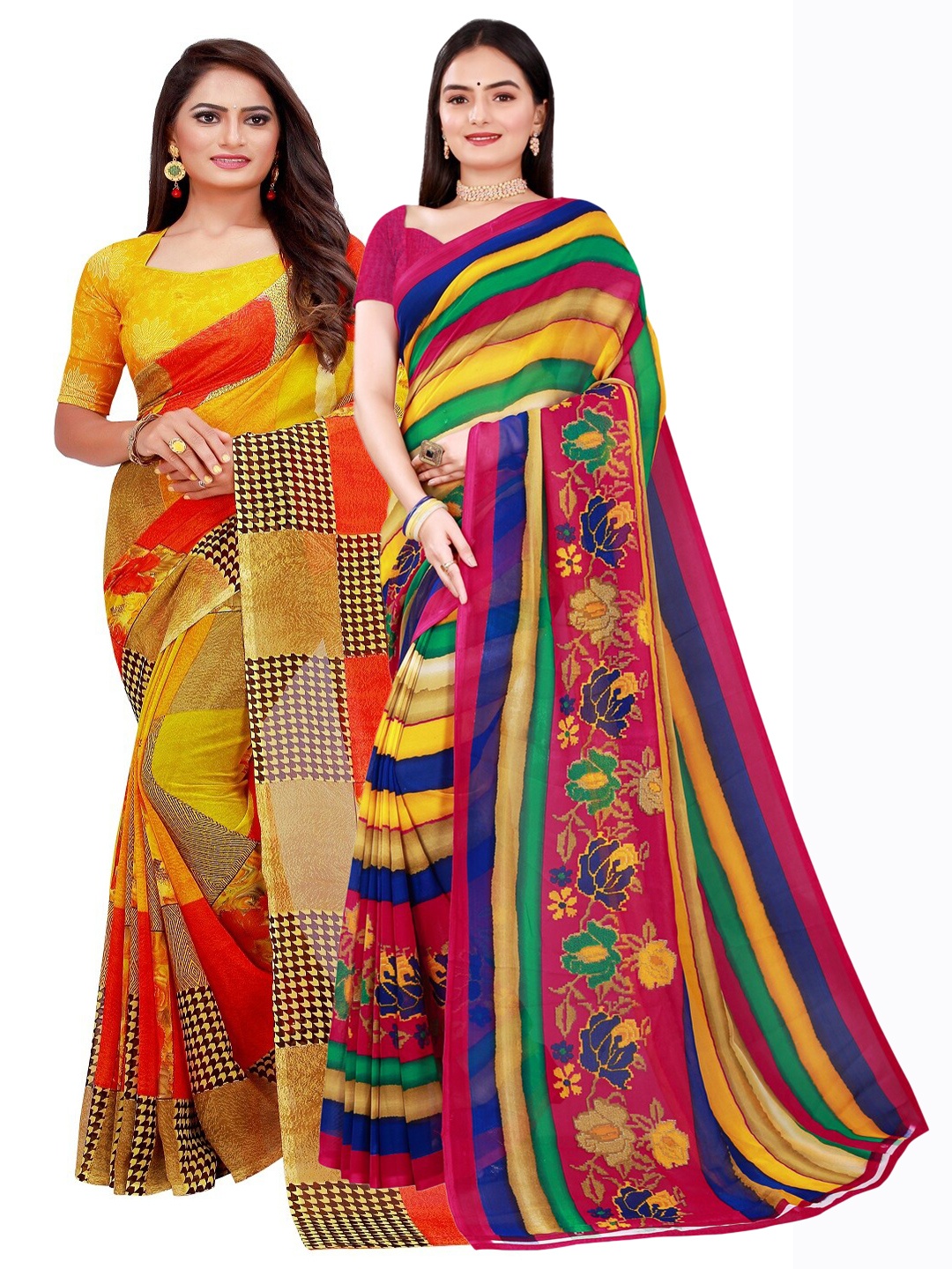 

SAADHVI Yellow & Blue Pure Georgette Saree