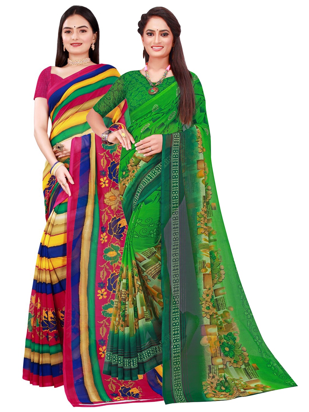 

SAADHVI Green & Yellow Pure Georgette Saree