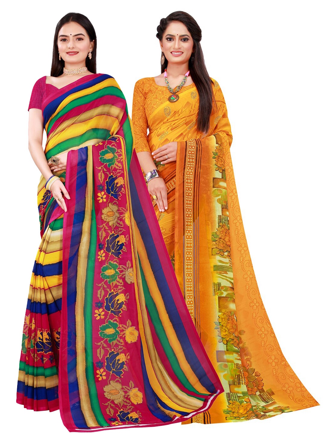 

SAADHVI Set Of 2 Yellow & Blue Floral Pure Georgette Saree