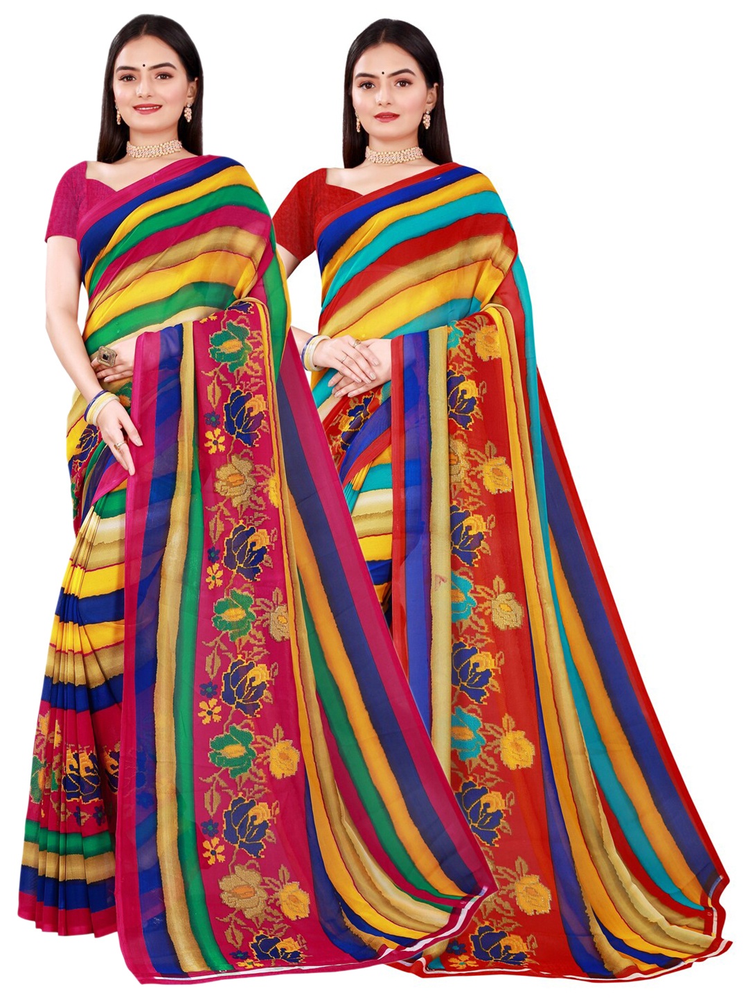 

SAADHVI Pack of 2 Magenta & Red Pure Georgette Saree