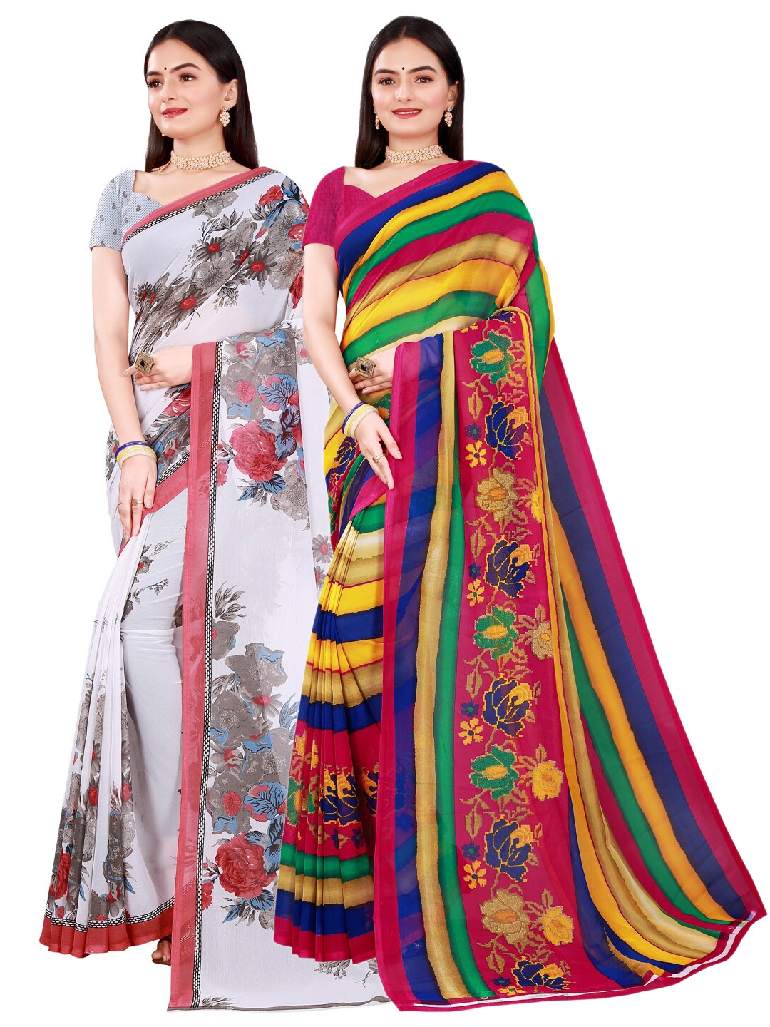 

SAADHVI Pink ,White & Grey Pure Georgette Saree