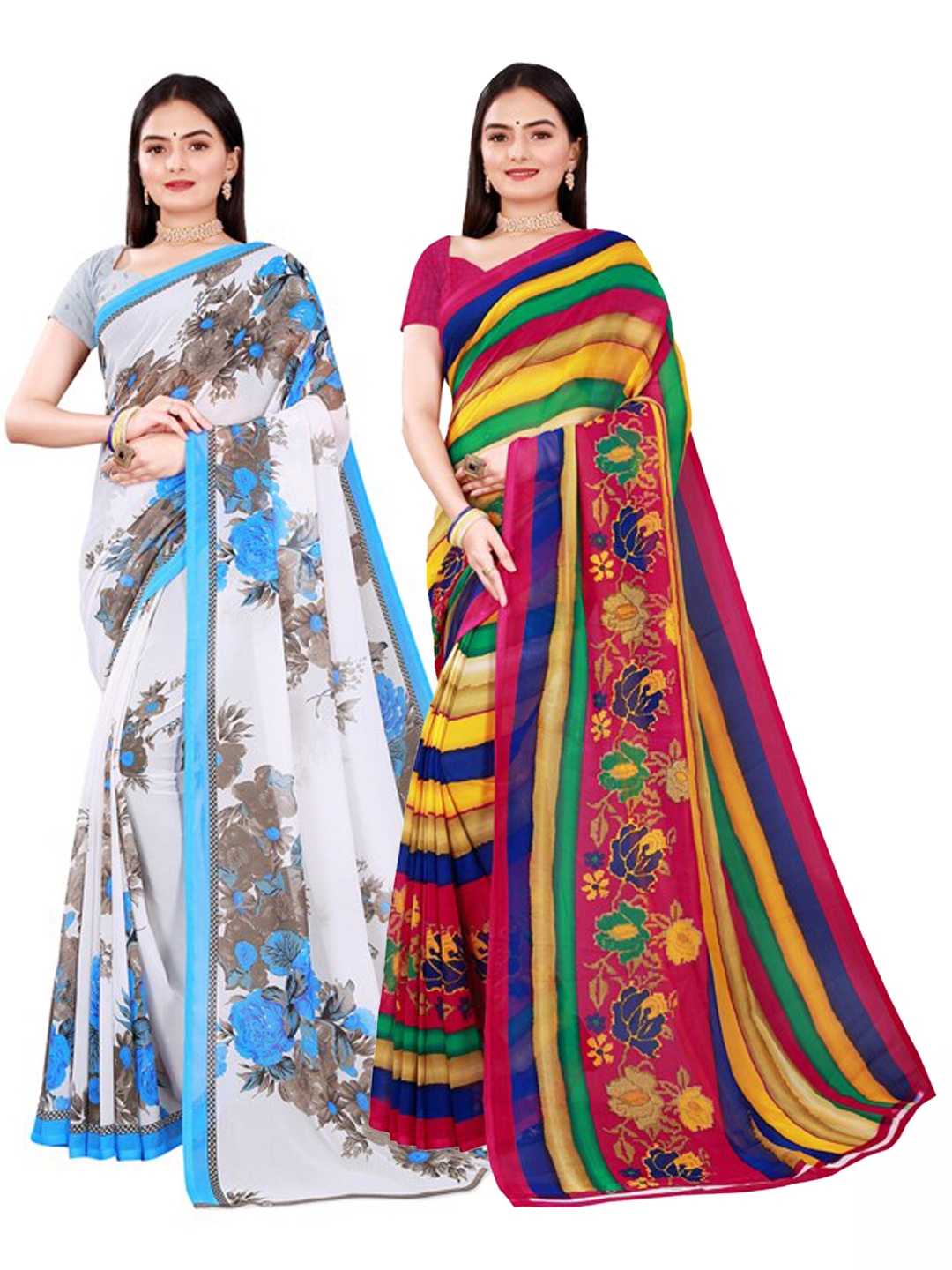 

SAADHVI Yellow ,Blue & White Pure Georgette Saree