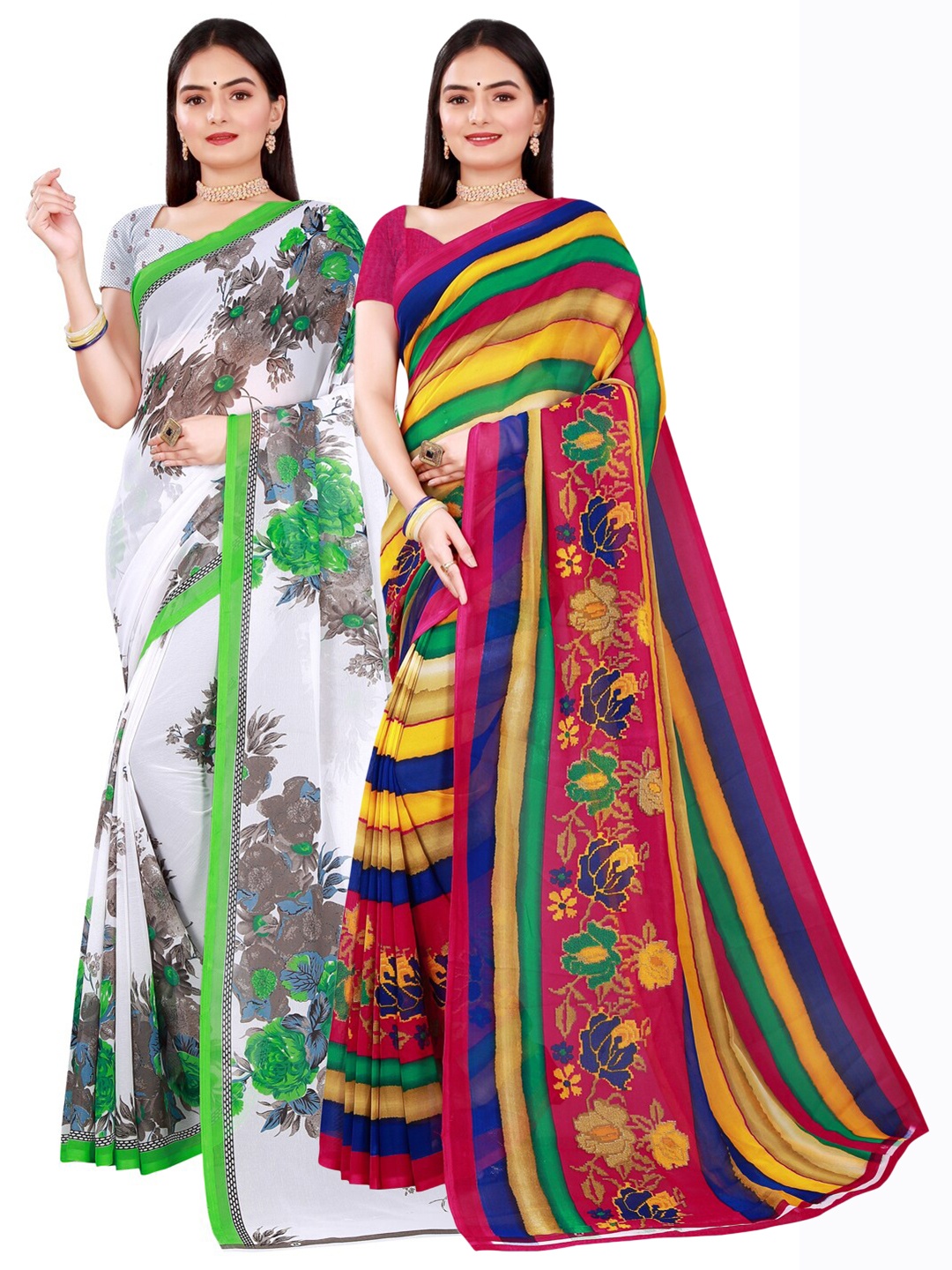 

SAADHVI Yellow & White Pure Georgette Saree