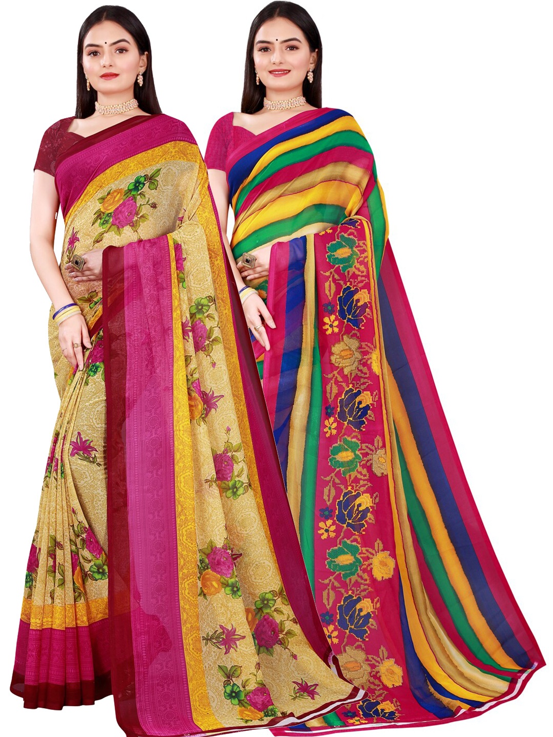 

SAADHVI Beige & Pink Pure Georgette Saree