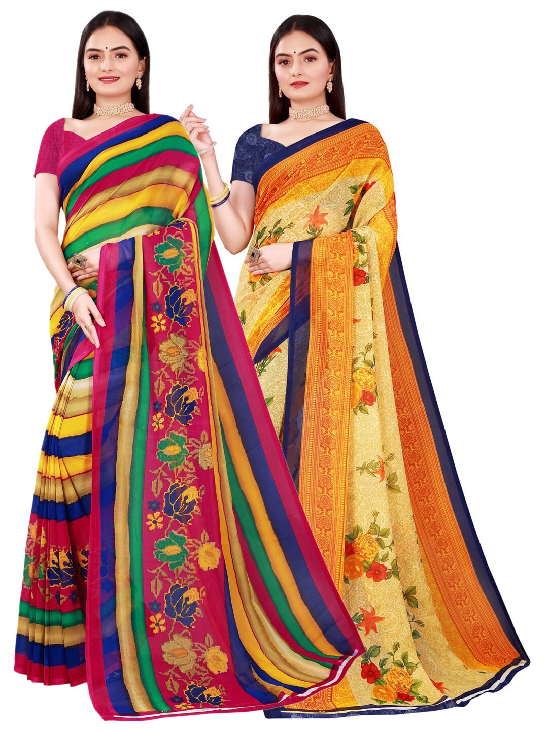 

SAADHVI Beige ,Yellow & Green Pure Georgette Saree