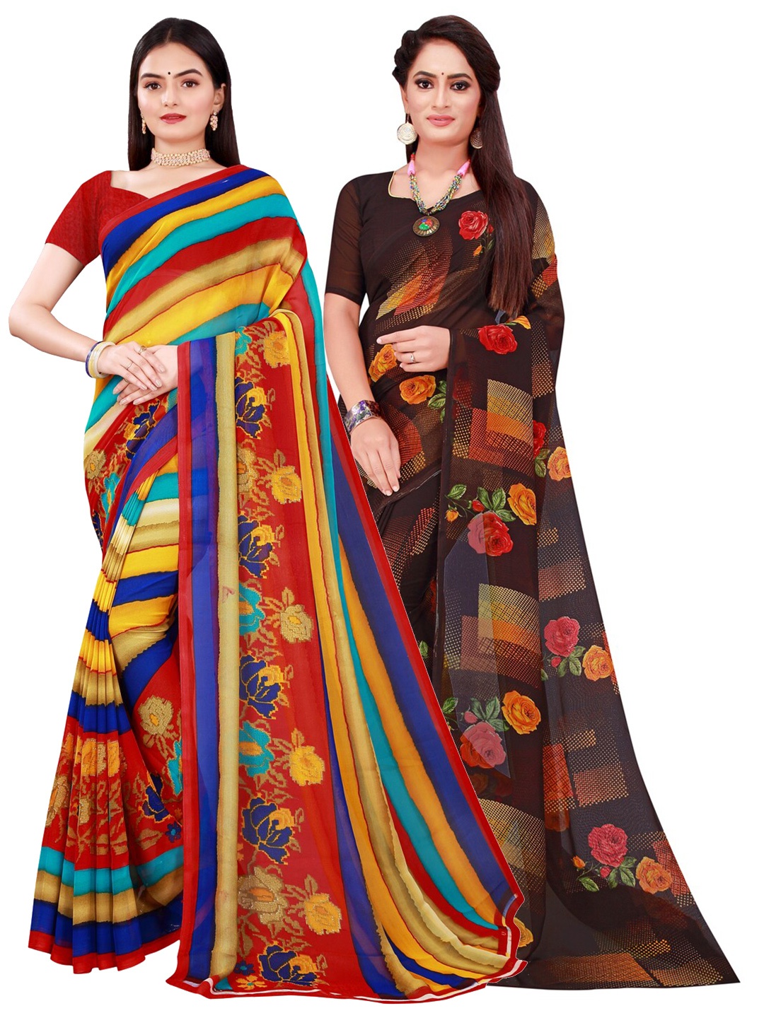 

SAADHVI Brown & Red Pure Georgette Saree