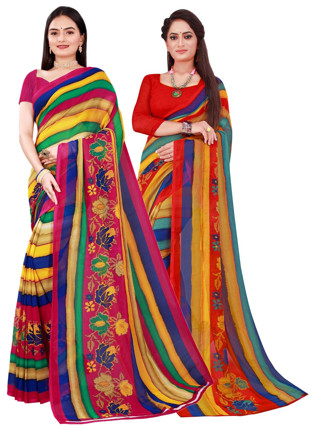 

SAADHVI Green & Red Pure Georgette Saree