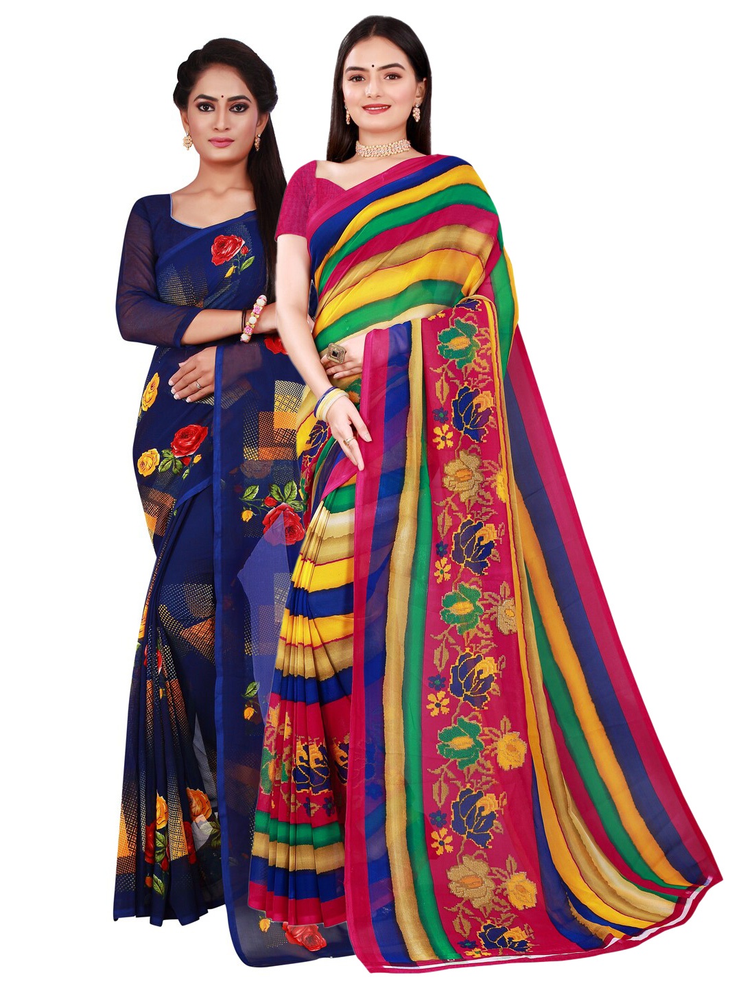 SAADHVI Navy Blue & Yellow Pure Georgette Saree