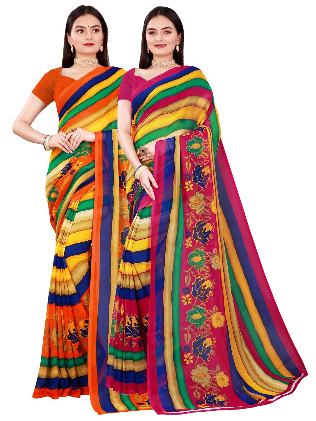 

SAADHVI Set Of 2 Yellow & Blue Floral Pure Georgette Saree