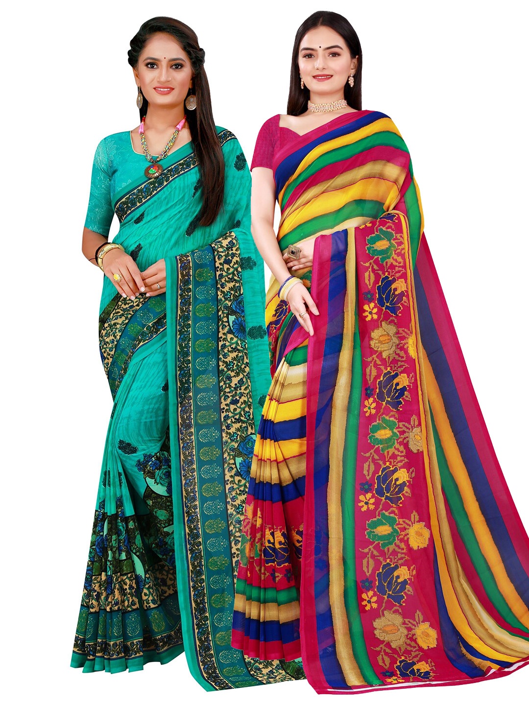 

SAADHVI Yellow & Navy Blue Pure Georgette Saree