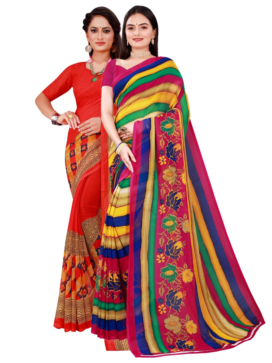 

SAADHVI Set Of 2 Red & Yellow Floral Pure Georgette Saree