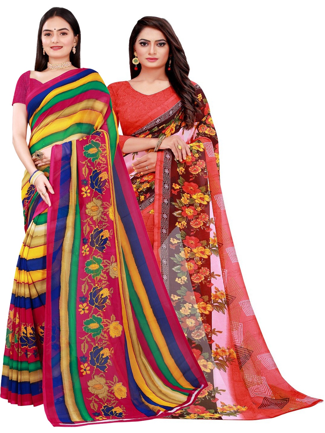 

SAADHVI Red, Orange & Yellow Pure Georgette Saree