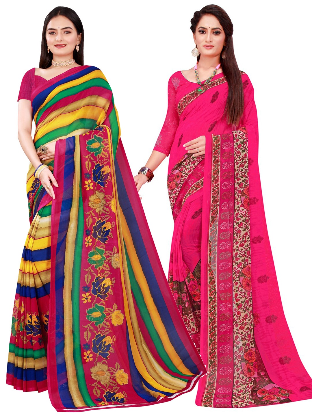 

SAADHVI Set Of 2 Pink & Yellow Floral Pure Georgette Saree