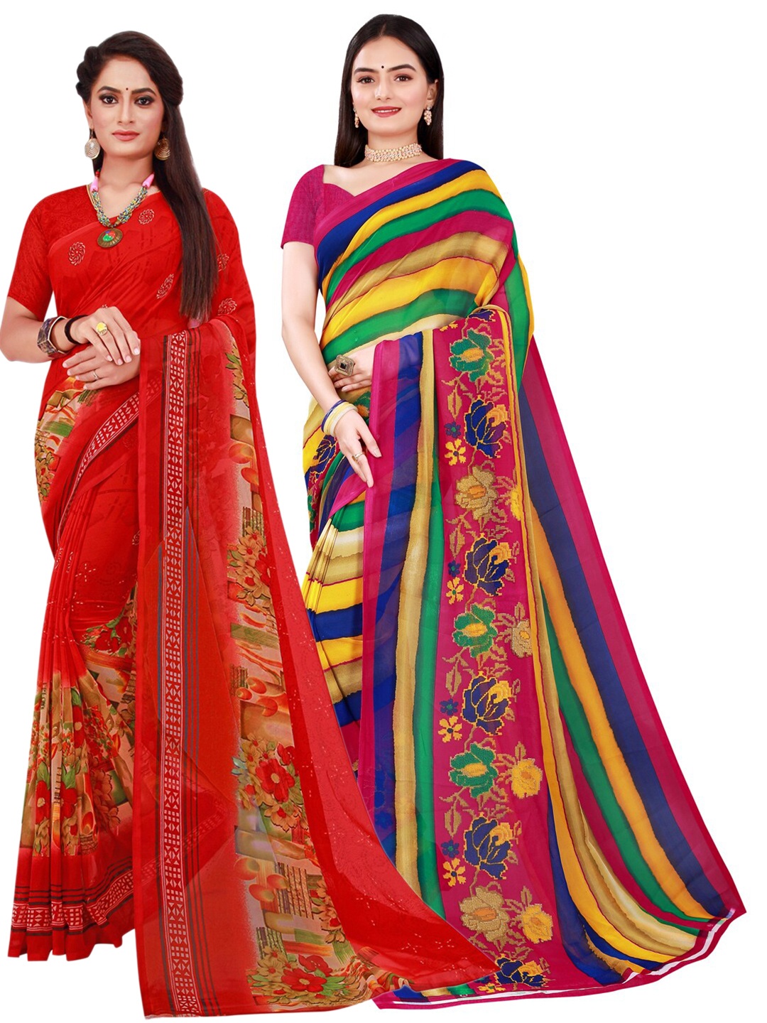 

SAADHVI Pink & Yellow Floral Pure Georgette Saree