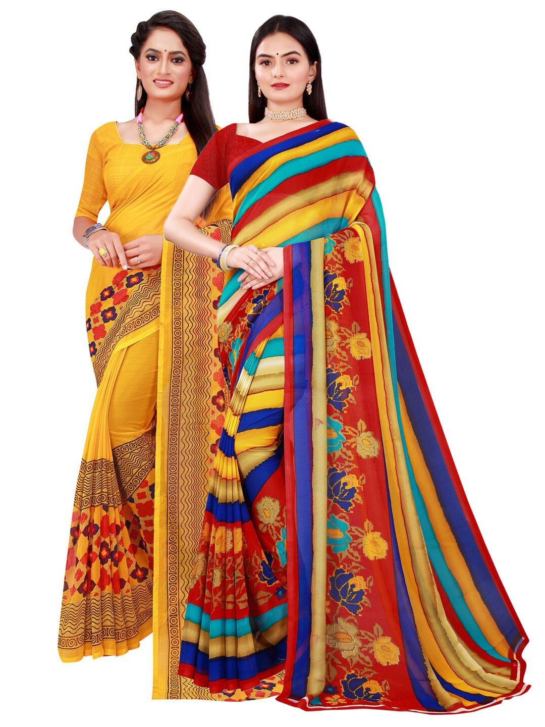 SAADHVI Yellow & Blue Pure Georgette Saree