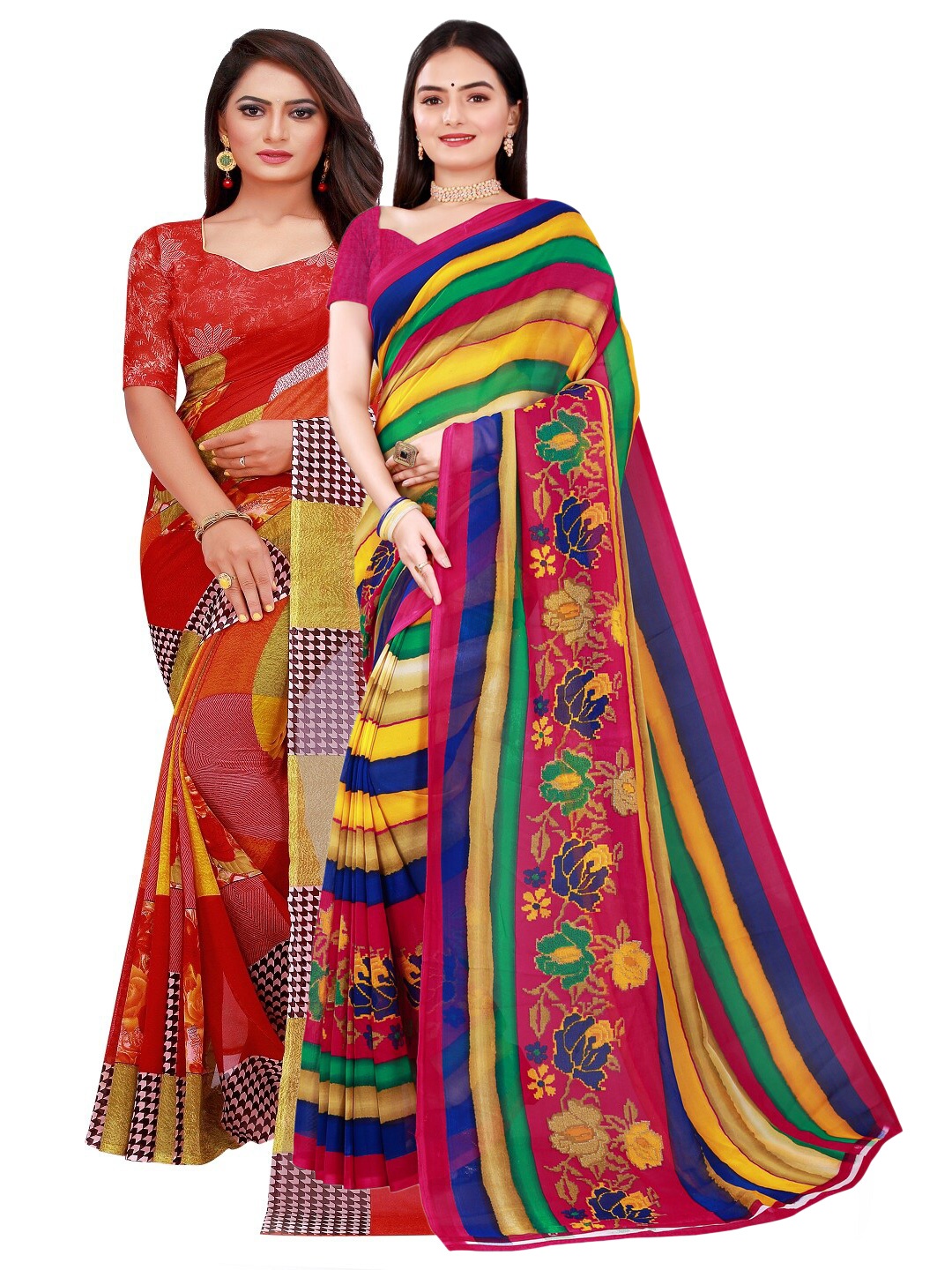 

SAADHVI 2 Red & Blue Pure Georgette Saree