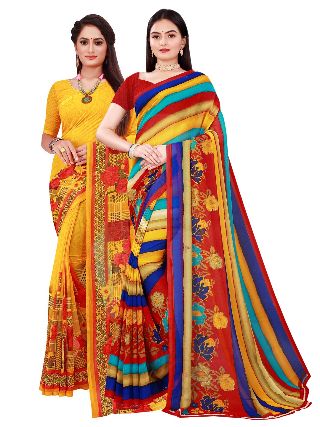 SAADHVI Pack of 2 Yellow & Red Floral Pure Georgette Saree