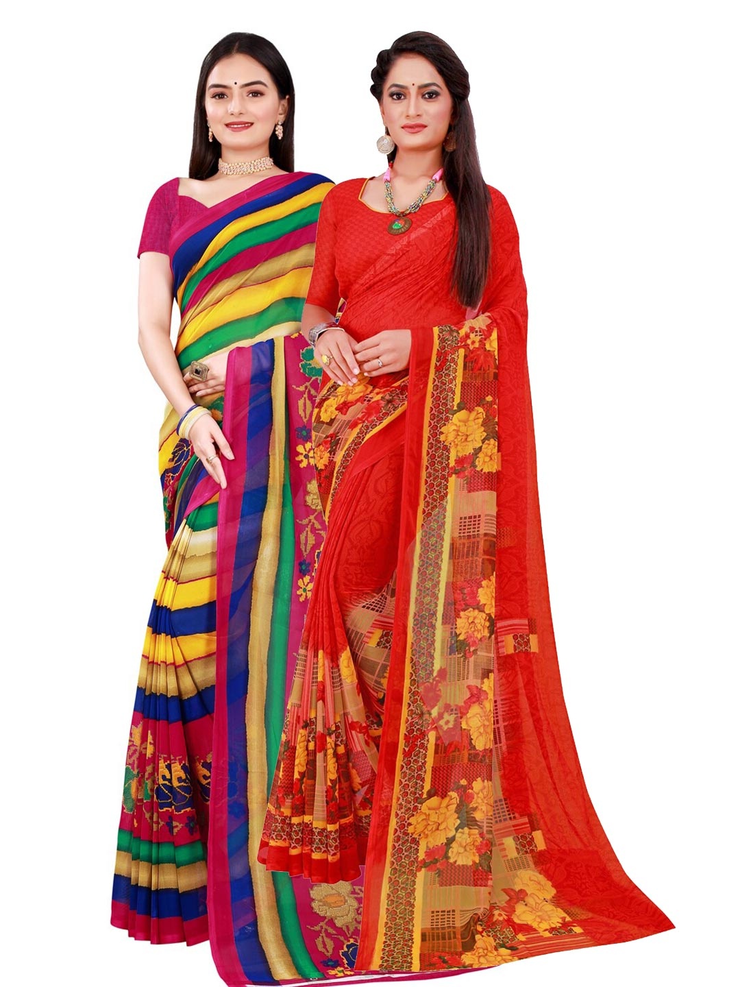 

SAADHVI Red & Yellow Pure Georgette Saree