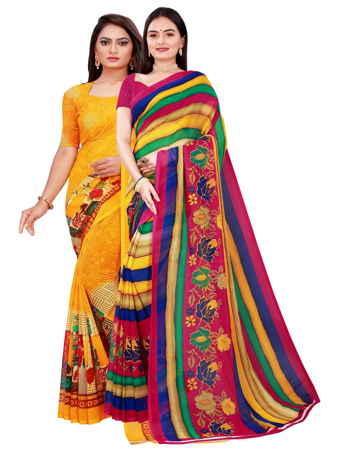 

SAADHVI Yellow & Blue Pure Georgette Saree