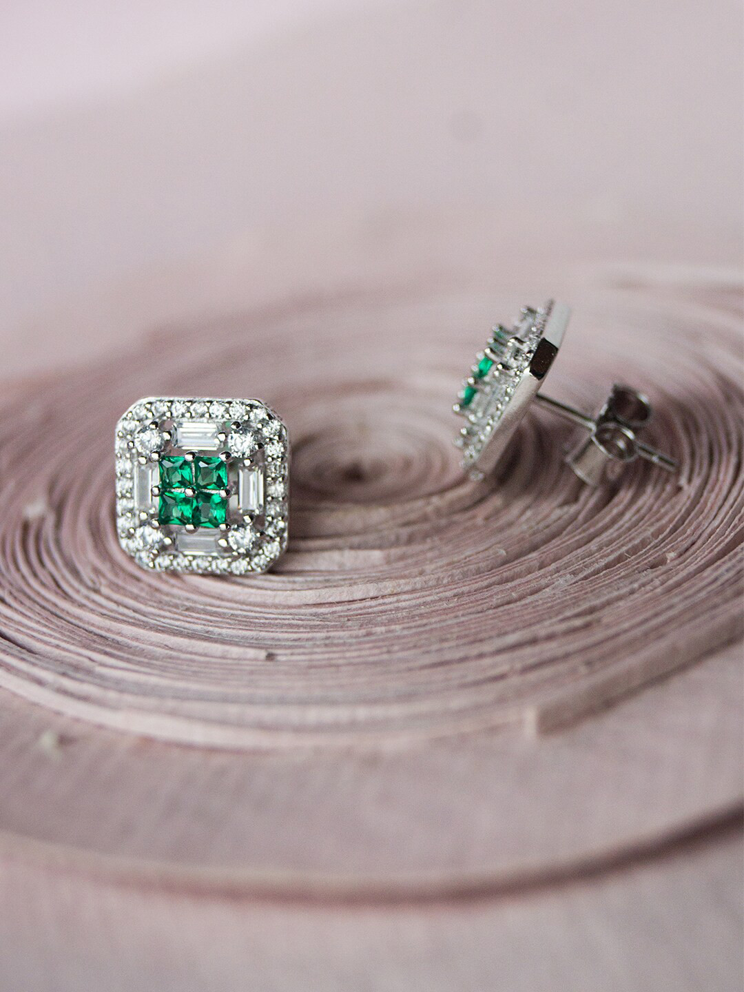 

MANNASH Silver-Plated & Green Square Studs Earrings