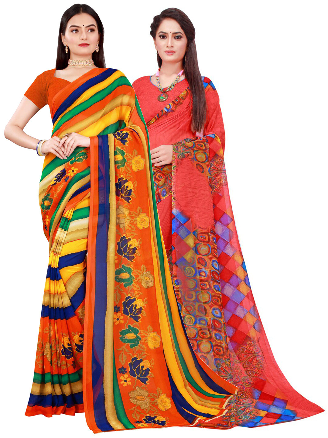 

SAADHVI Red & Blue Pure Georgette Saree