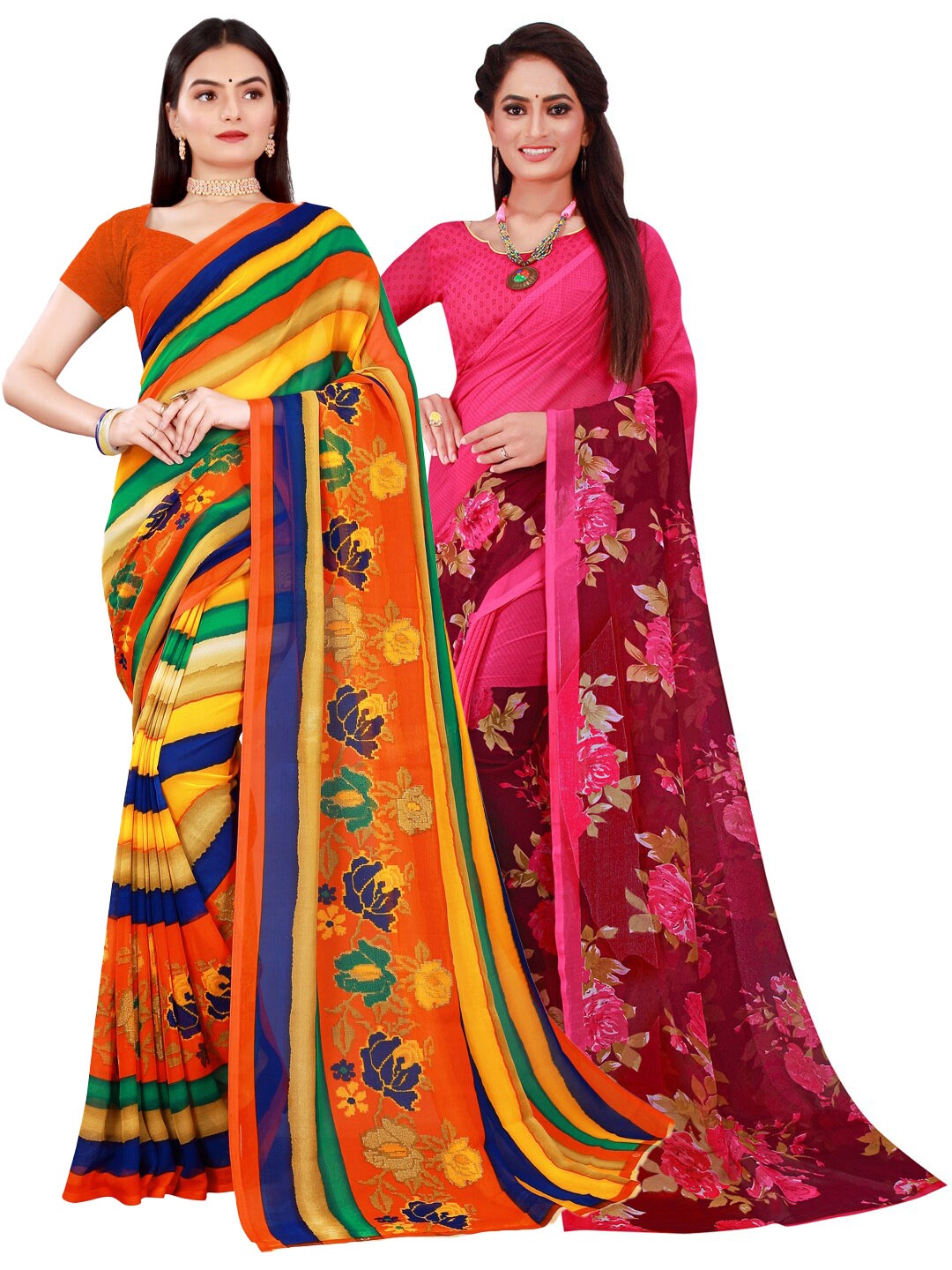 

SAADHVI Set Of 2 Magenta & Yellow Floral Pure Georgette Saree