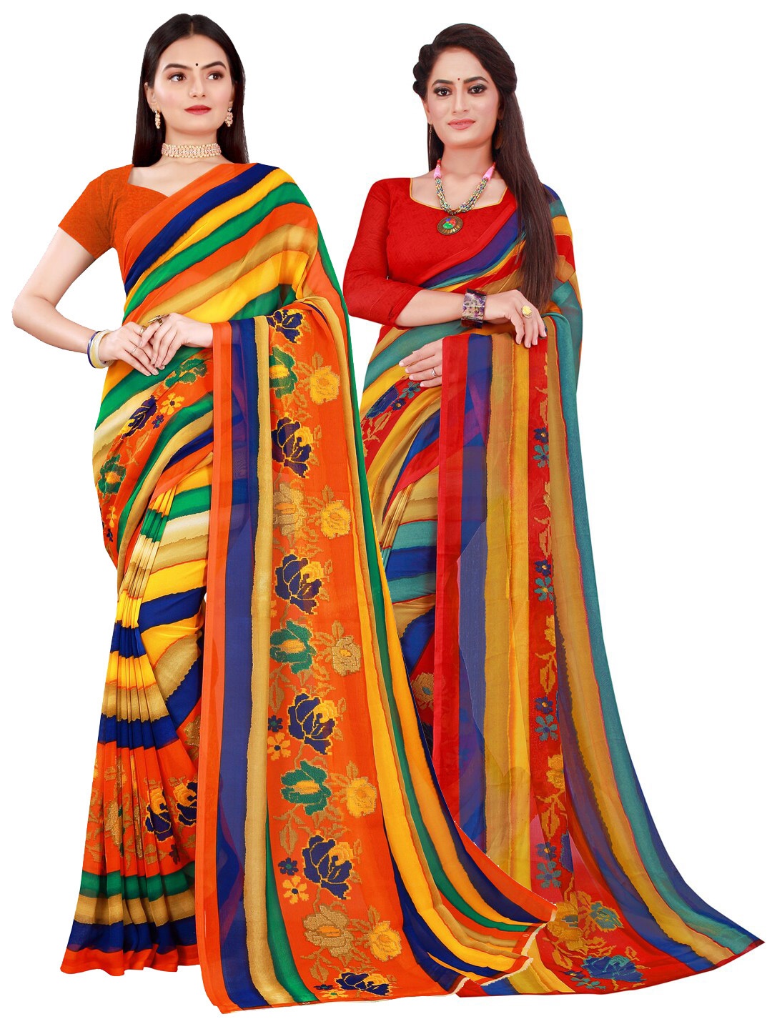 

SAADHVI Pack of 2 Yellow & Red Pure Georgette Saree