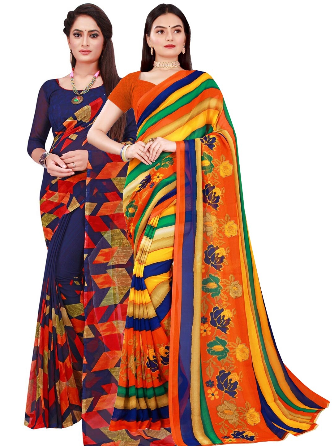 

SAADHVI Pack Of 2 Navy Blue & Yellow Pure Georgette Saree