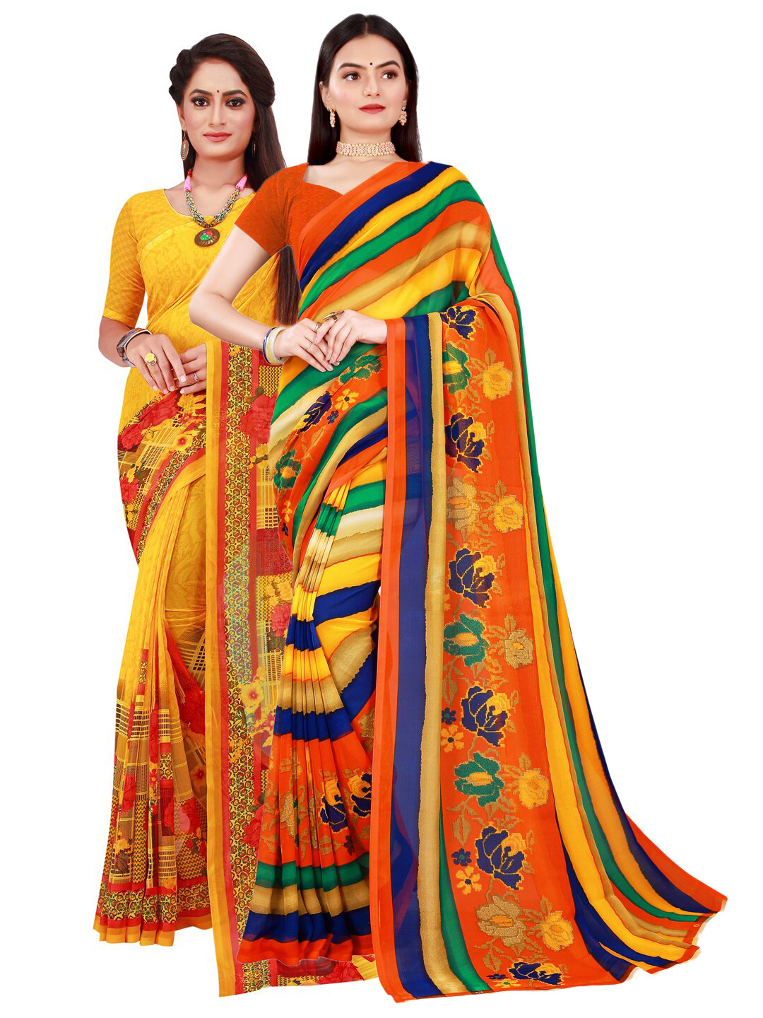 

SAADHVI Yellow & Blue Pure Georgette Saree