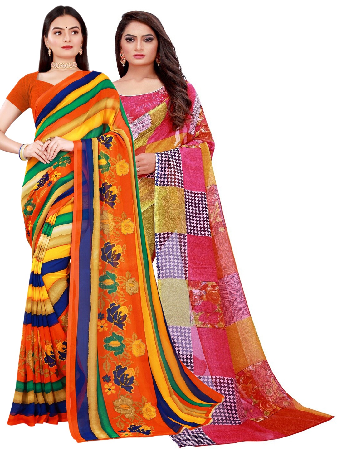 

SAADHVI Pack of 2 Orange & Pink Pure Georgette Saree