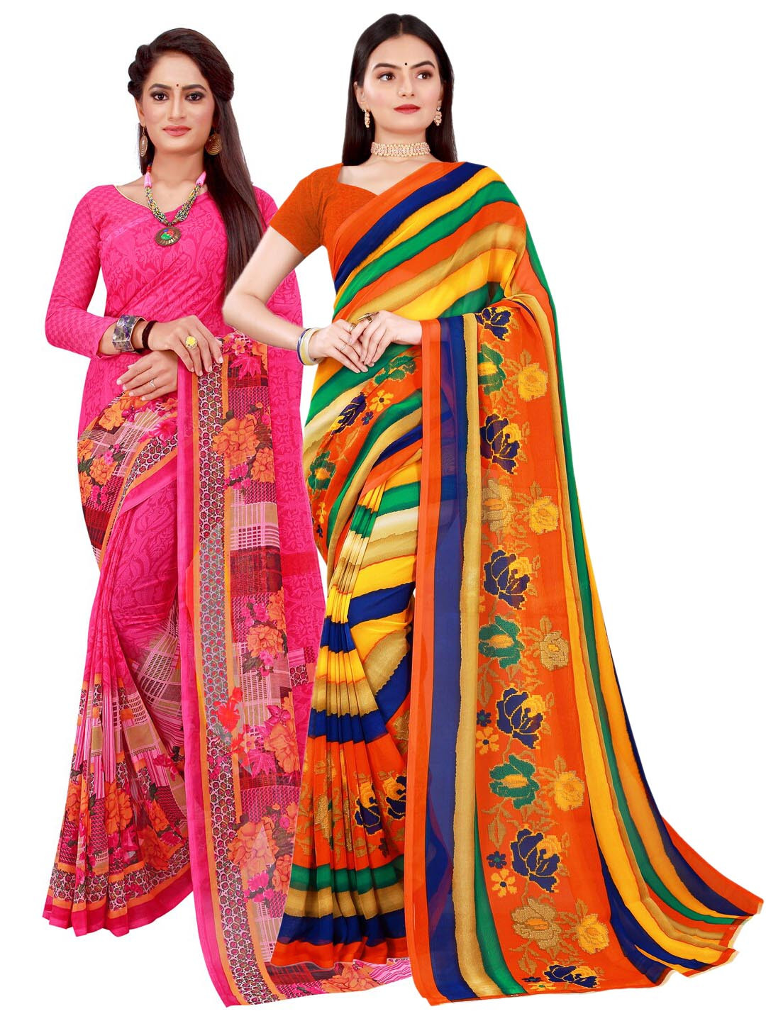 

SAADHVI Pack Of 2 Women Magenta & Yellow Printed Pure Georgette Saree
