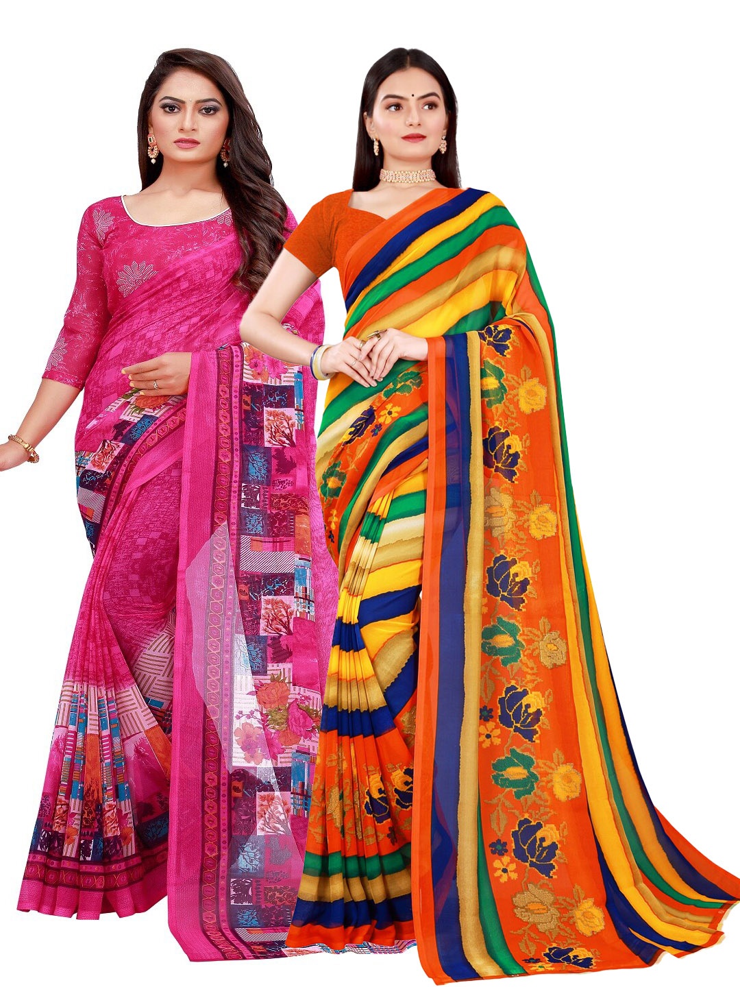 

SAADHVI Set Of 2 Magenta & Yellow Floral Pure Georgette Saree