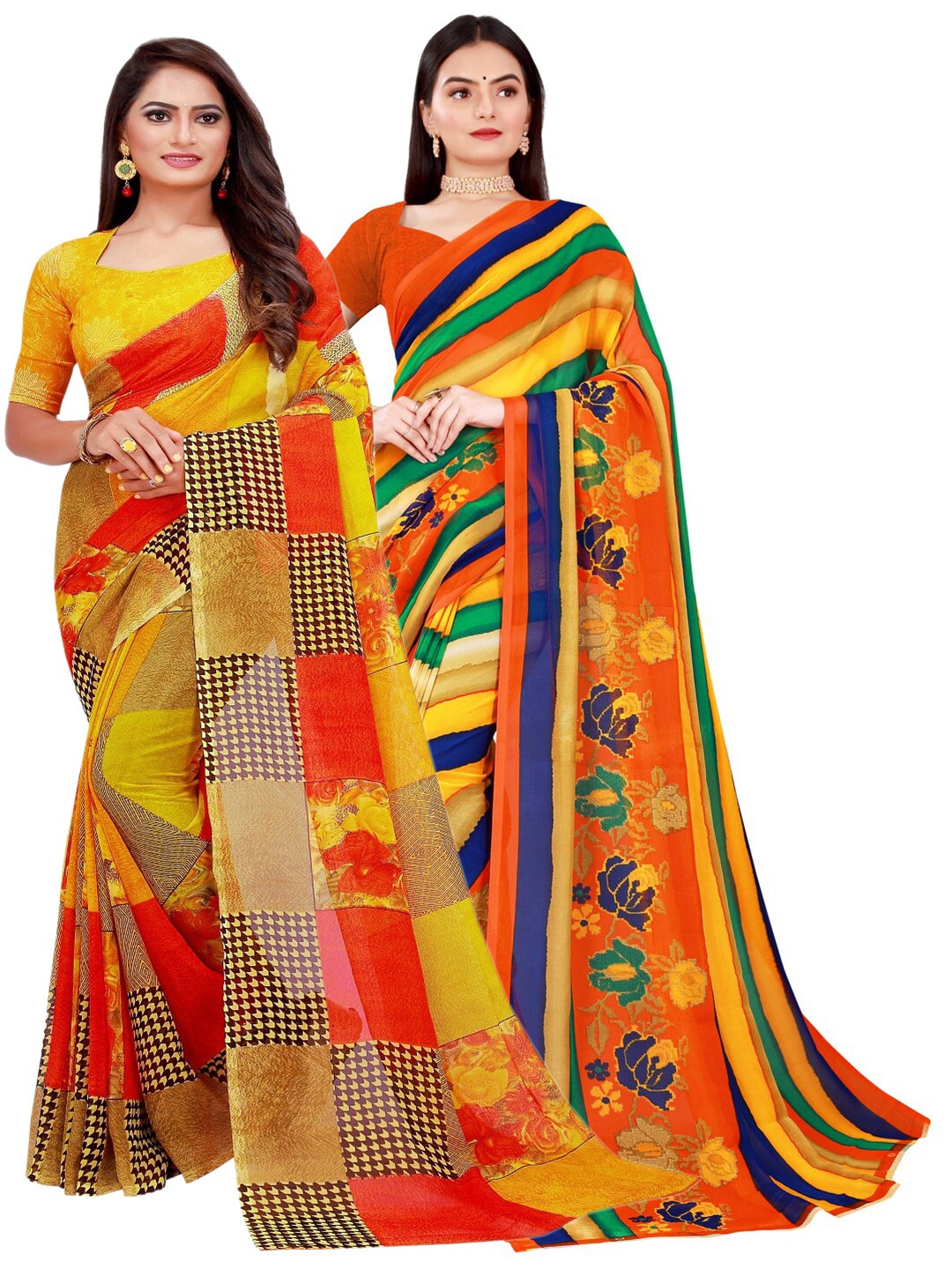 

SAADHVI Pack of 2 Yellow & Orange Pure Georgette Saree