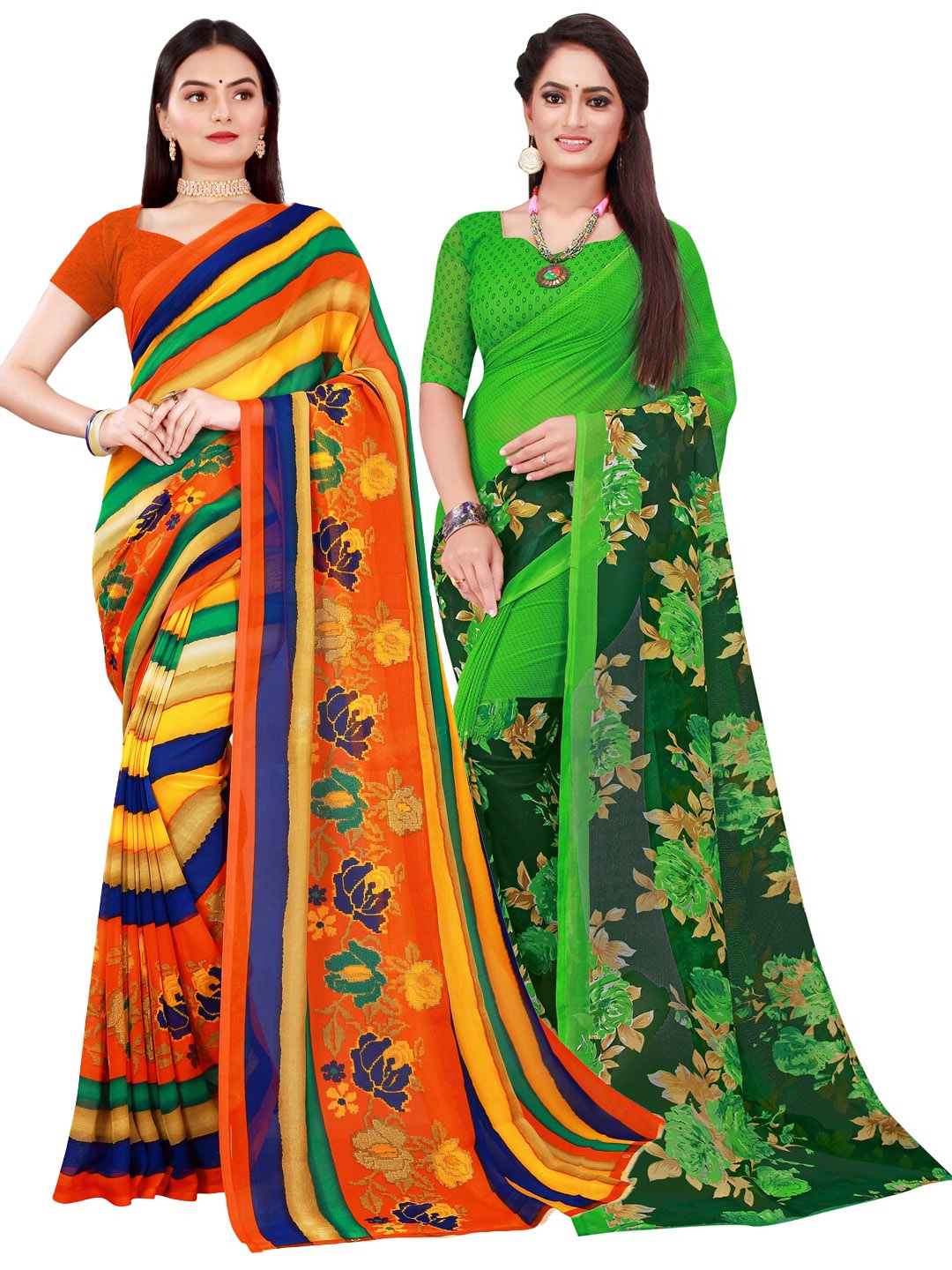 

SAADHVI Pack Of 2 Green & Yellow Floral Pure Georgette Saree