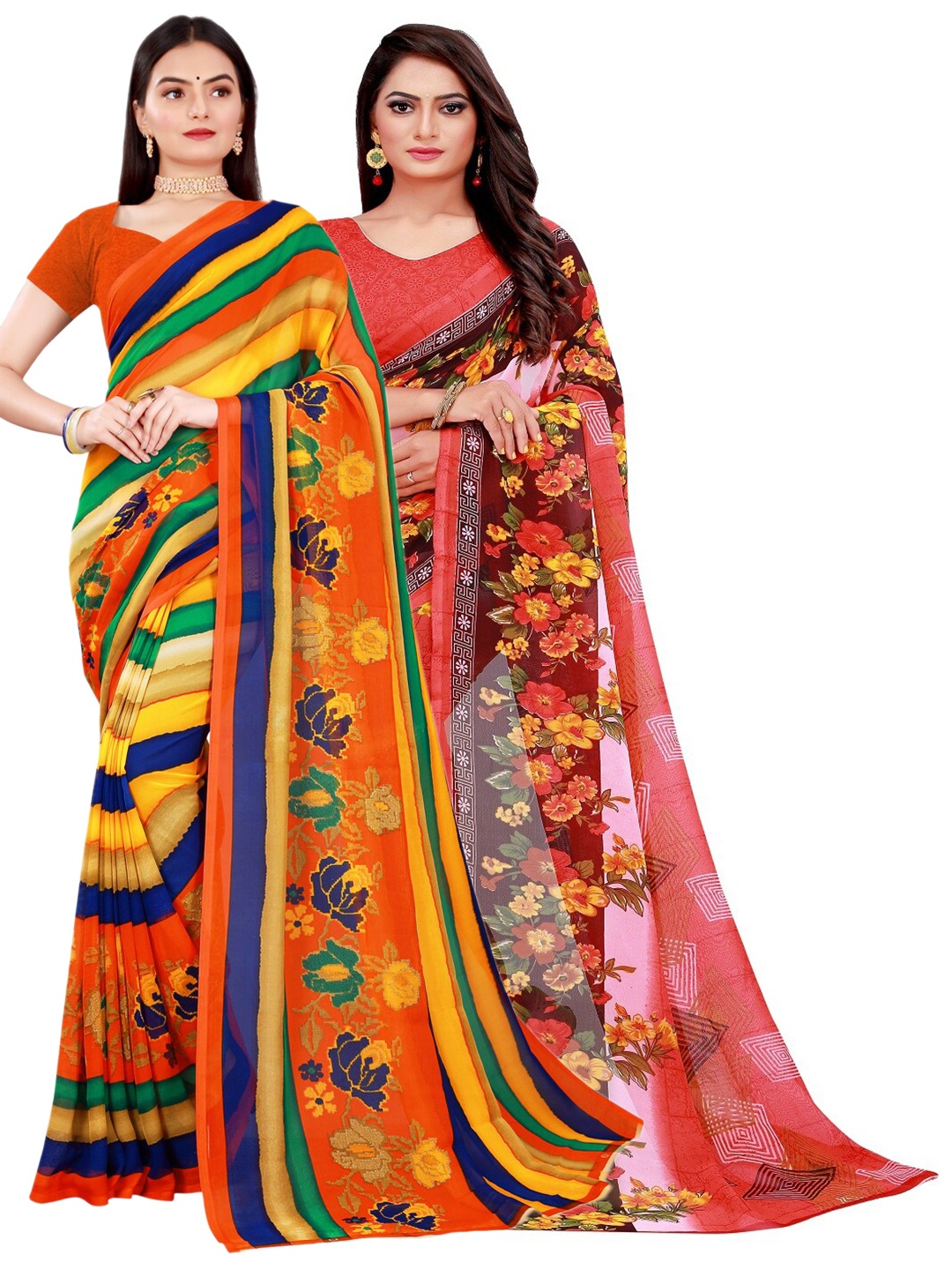 

SAADHVI Pack Of 2 Red & Yellow Floral Pure Georgette Saree