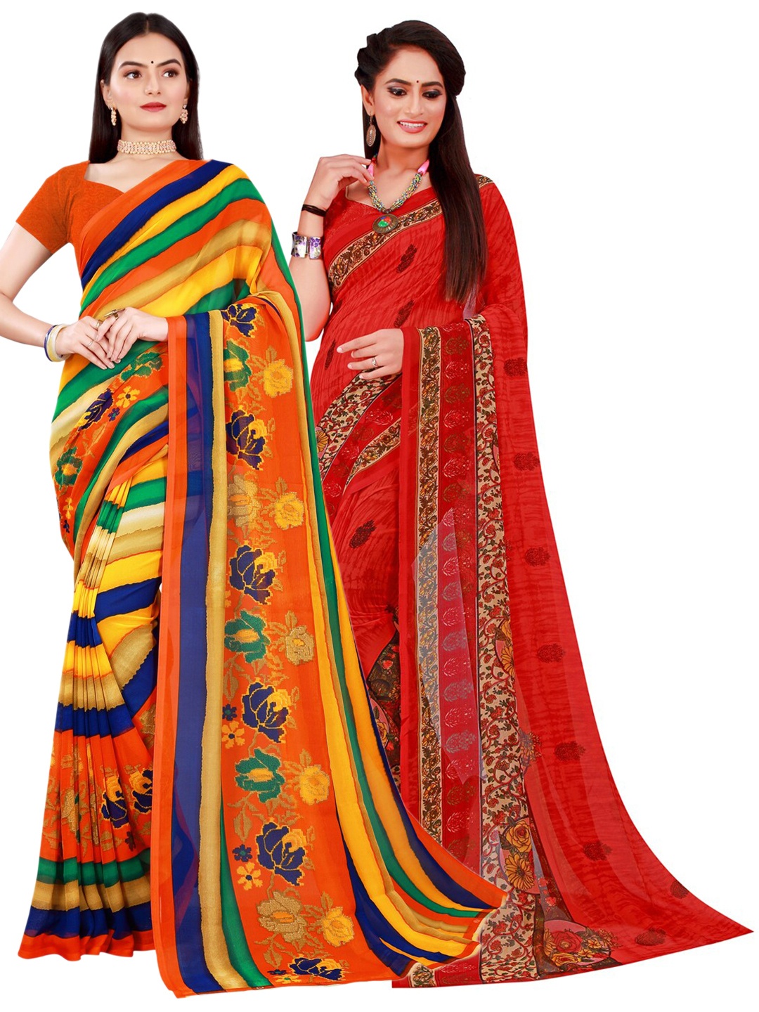 

SAADHVI Pack of 2 Orange & Red Pure Georgette Saree