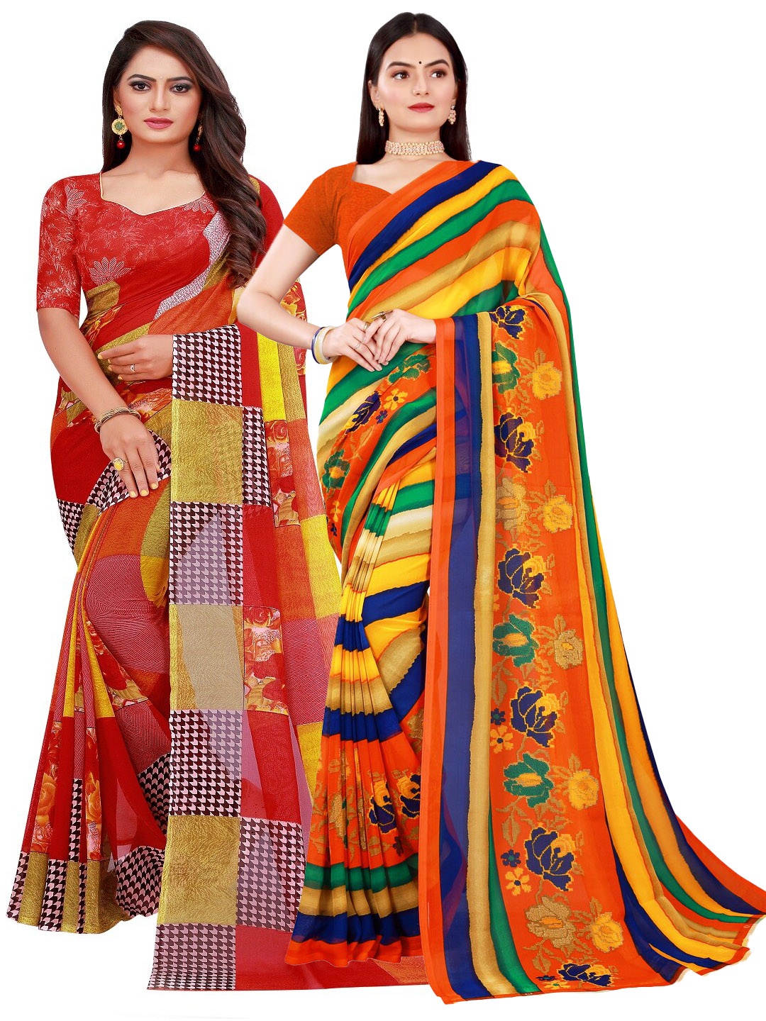 

SAADHVI Set Of 2 Red & Green Floral Pure Georgette Saree
