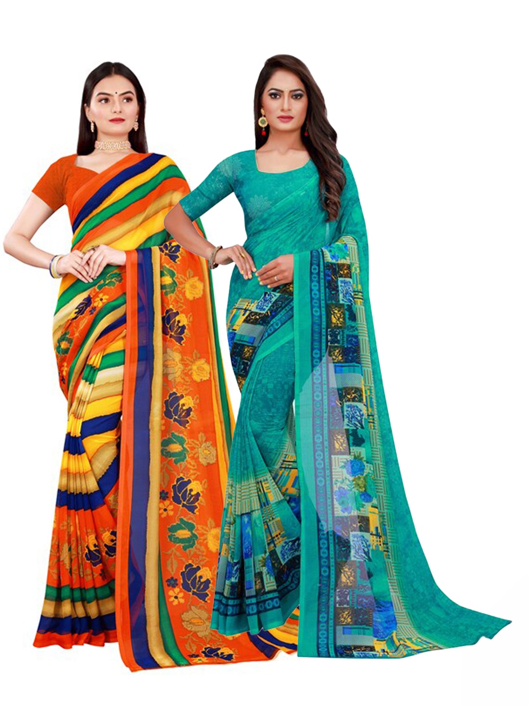 

SAADHVI Pack Of 2 Turquoise Blue & Yellow Pure Georgette Saree