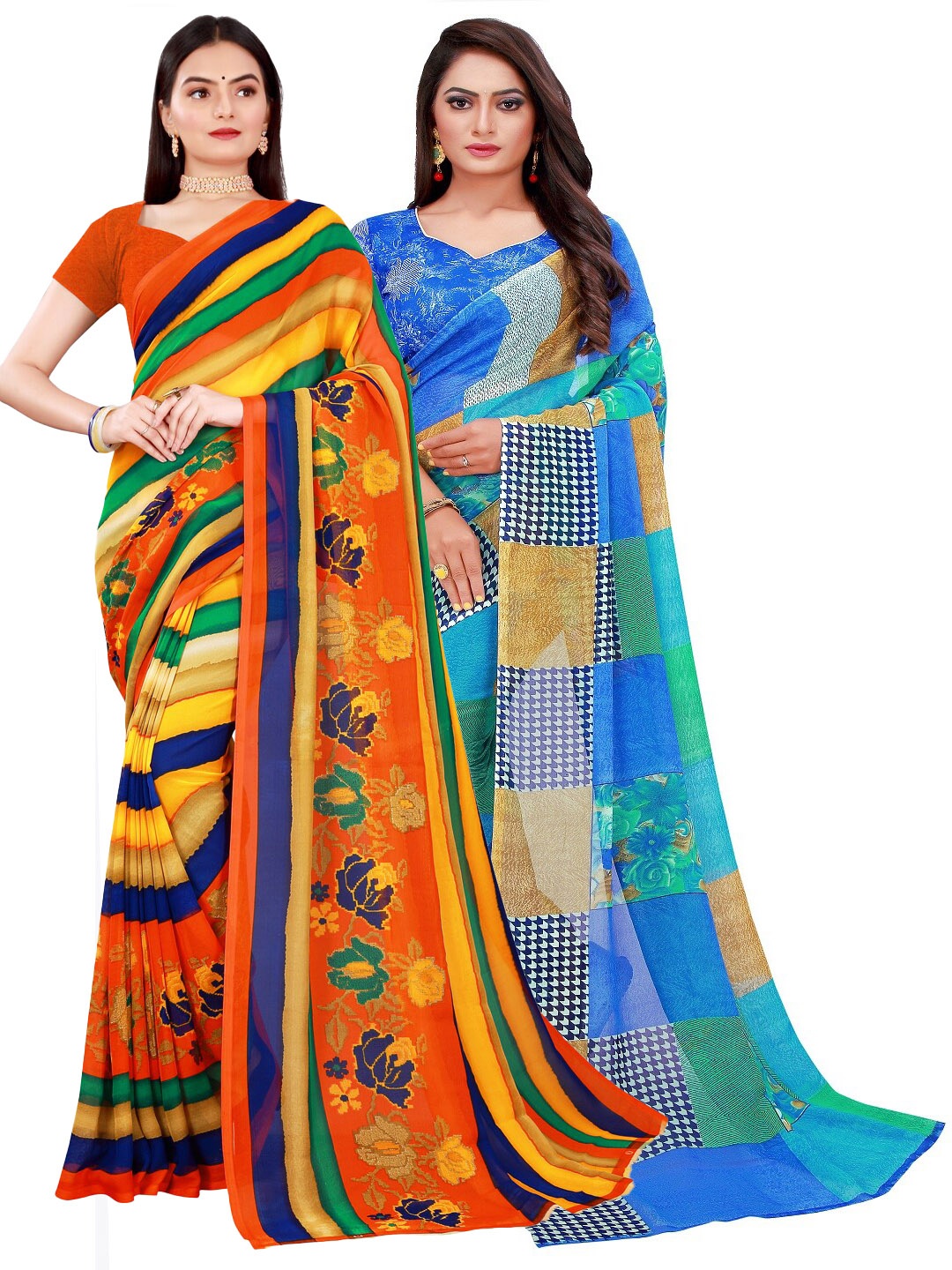 

SAADHVI Set Of 2 Red & Blue Floral Pure Georgette Saree