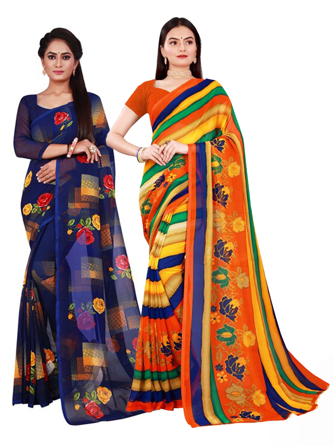 

SAADHVI Pack of 2 Blue & Yellow Pure Georgette Saree