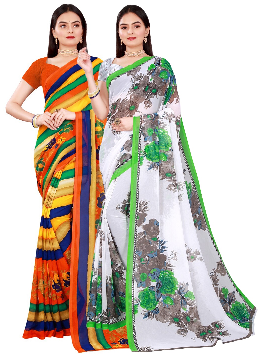 

SAADHVI Pack of 2 Yellow & White Floral Pure Georgette Saree